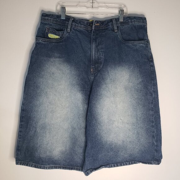 EMPYRE Phat Wide Leg Oversize Skate Y2K Rave Dark Blue Denim Jean Shorts - Picture 2 of 13